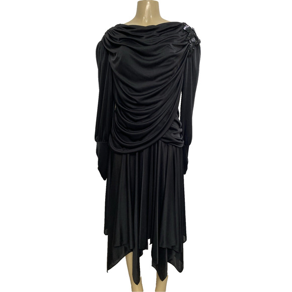 Abby Kent Dress Black Ruched Long Sleeve Beaded Sequin Midi Draped Midi 16 80' - Picture 1 of 7